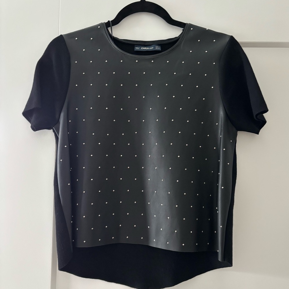 Zara Women Black Short Sleeve Top with Studded Detail